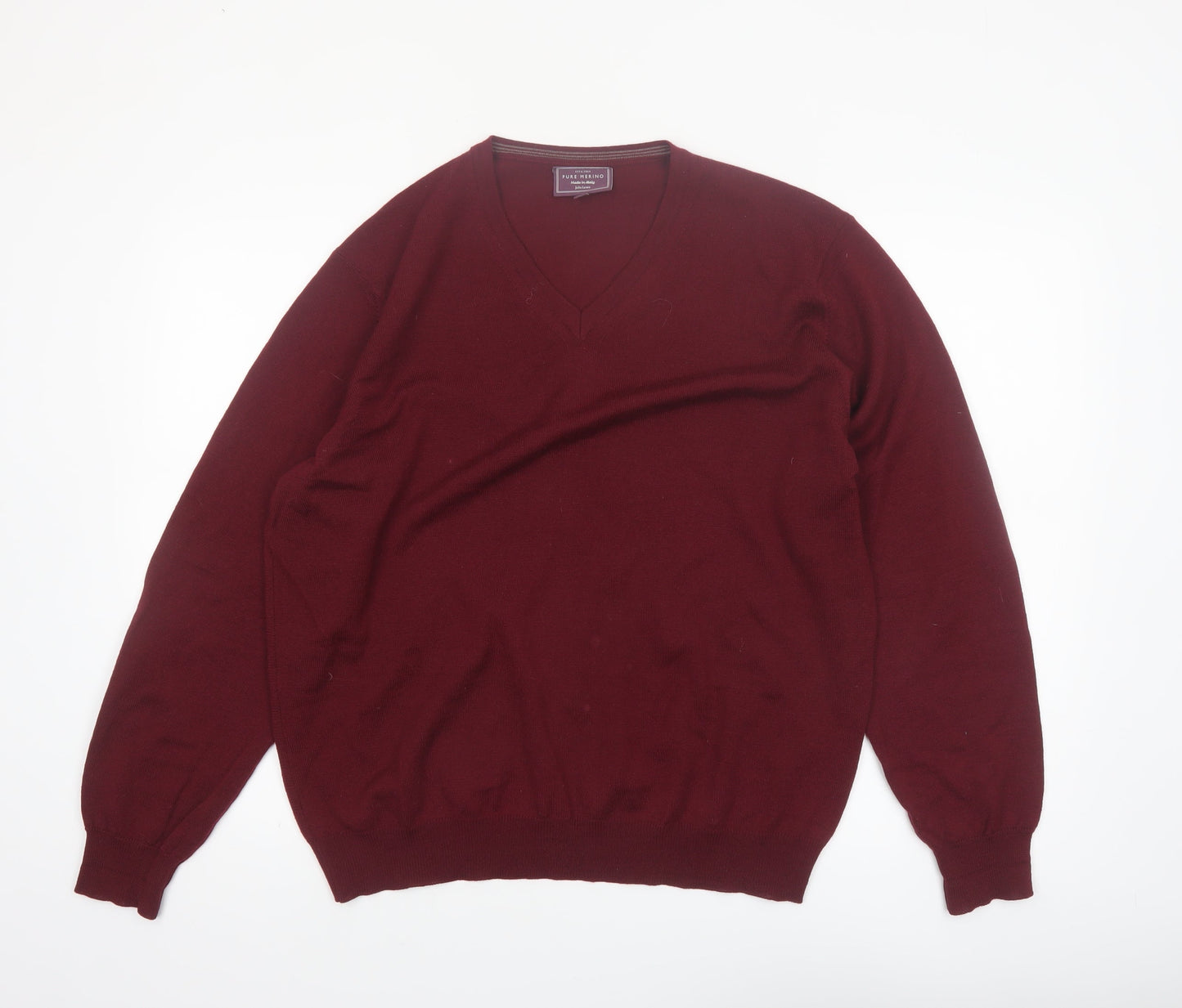 John Lewis Men Red 2XL V-Neck Pure Merino Wool Jumper