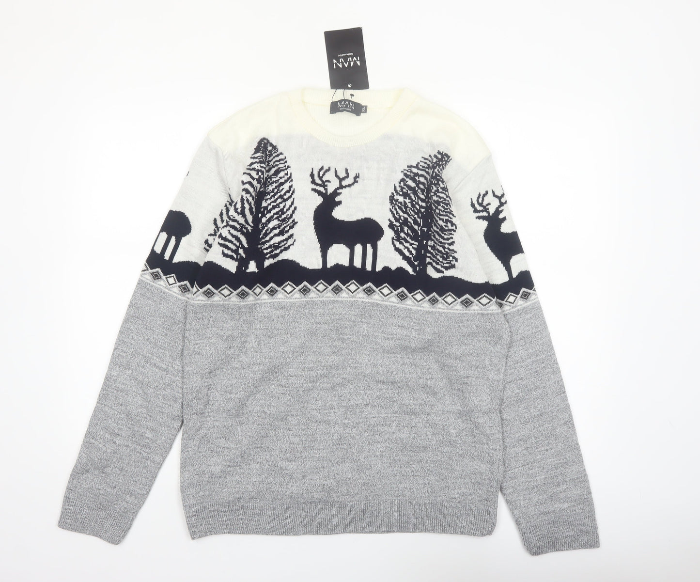 boohooMAN Men's Grey XL Pullover Christmas Reindeer Knit Jumper