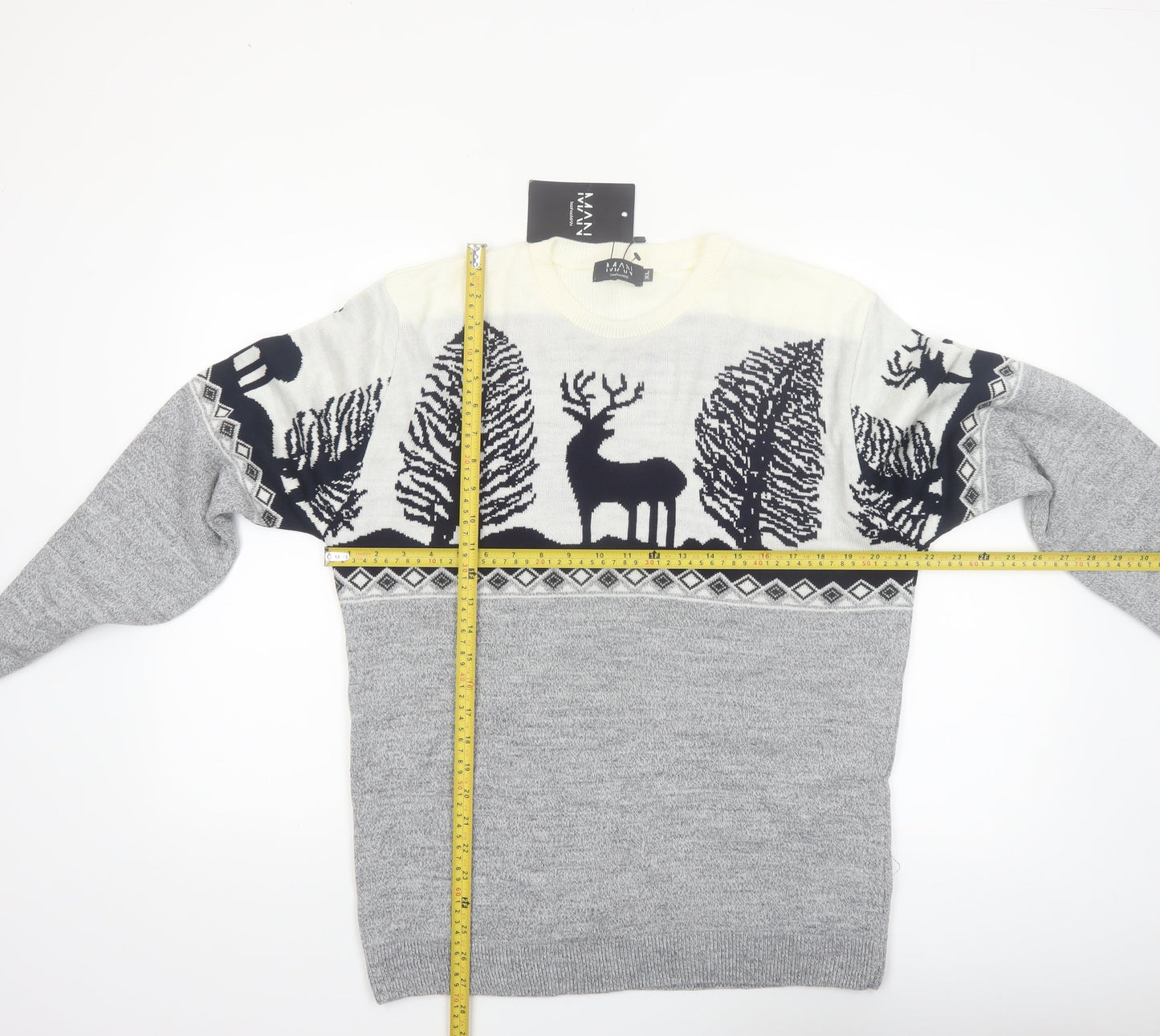 boohooMAN Men's Grey XL Pullover Christmas Reindeer Knit Jumper