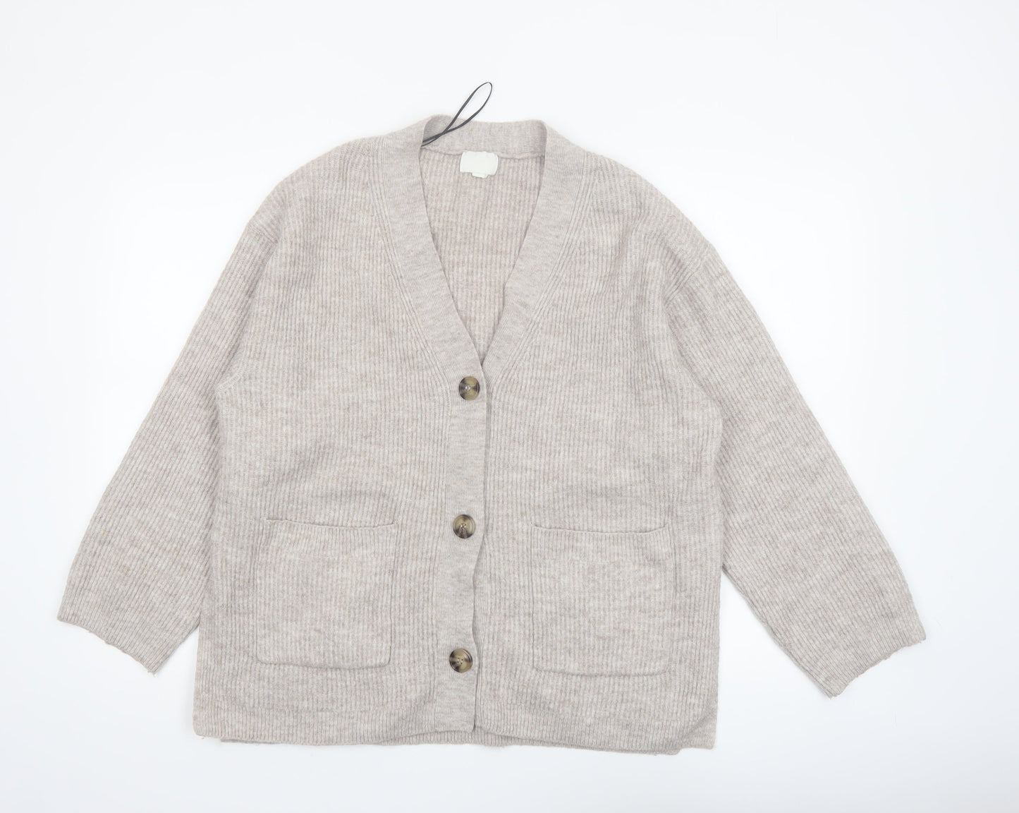H&M Women Beige Cardigan Medium Wool Blend V-Neck Long Sleeve