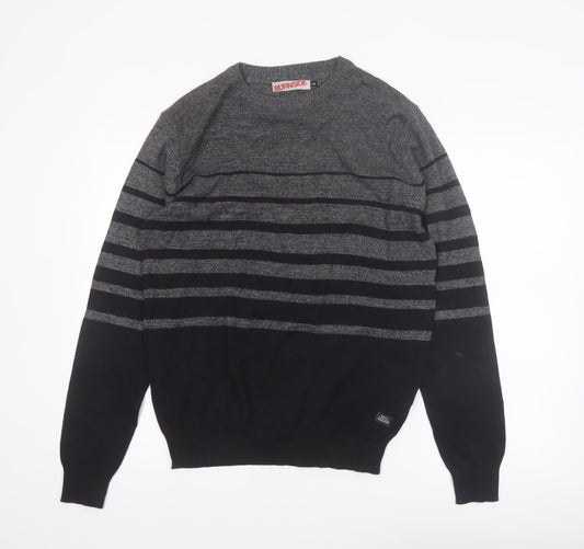 Burnside Mens Grey Striped Cotton Crew Neck Pullover Jumper L