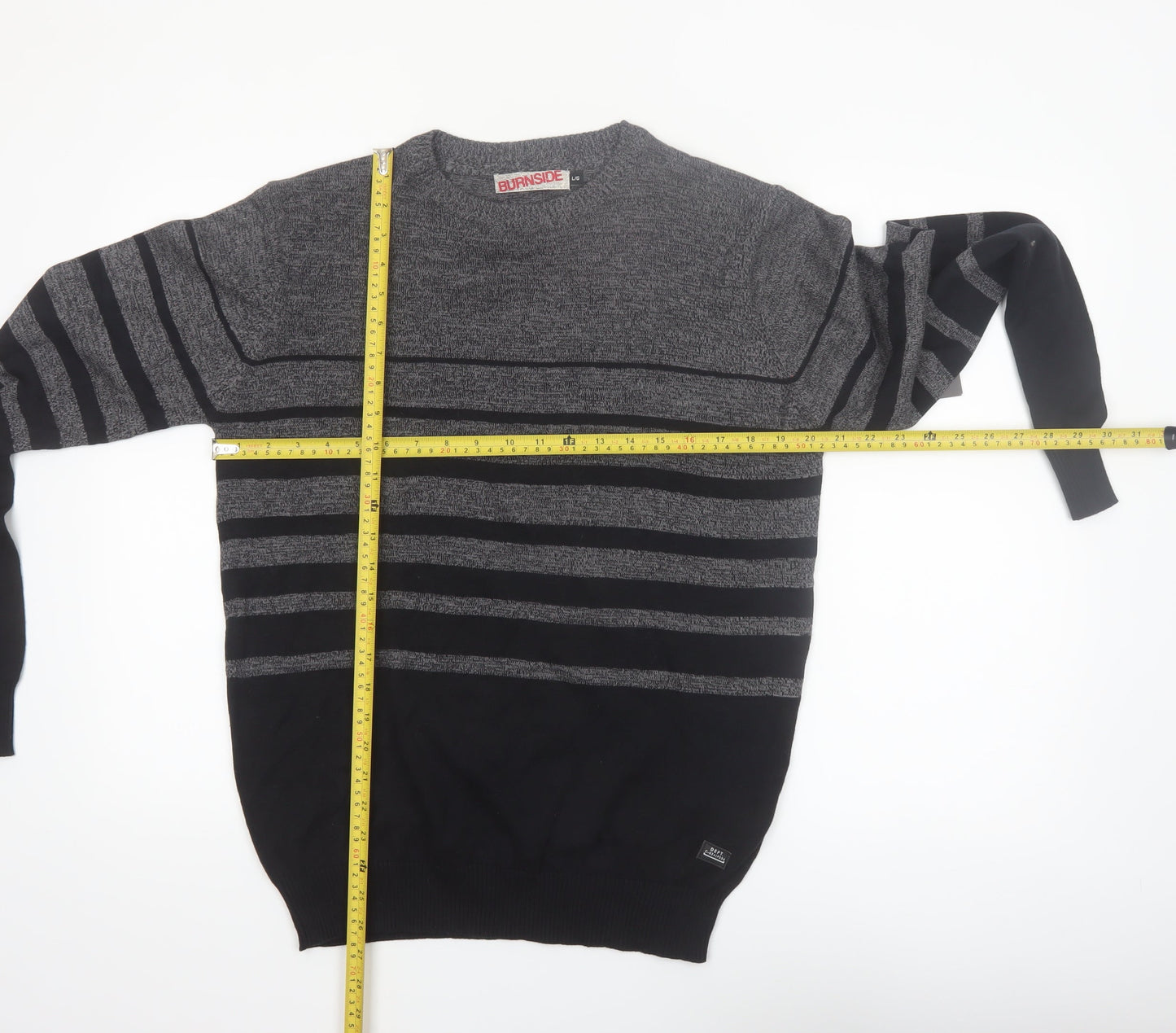 Burnside Mens Grey Striped Cotton Crew Neck Pullover Jumper L