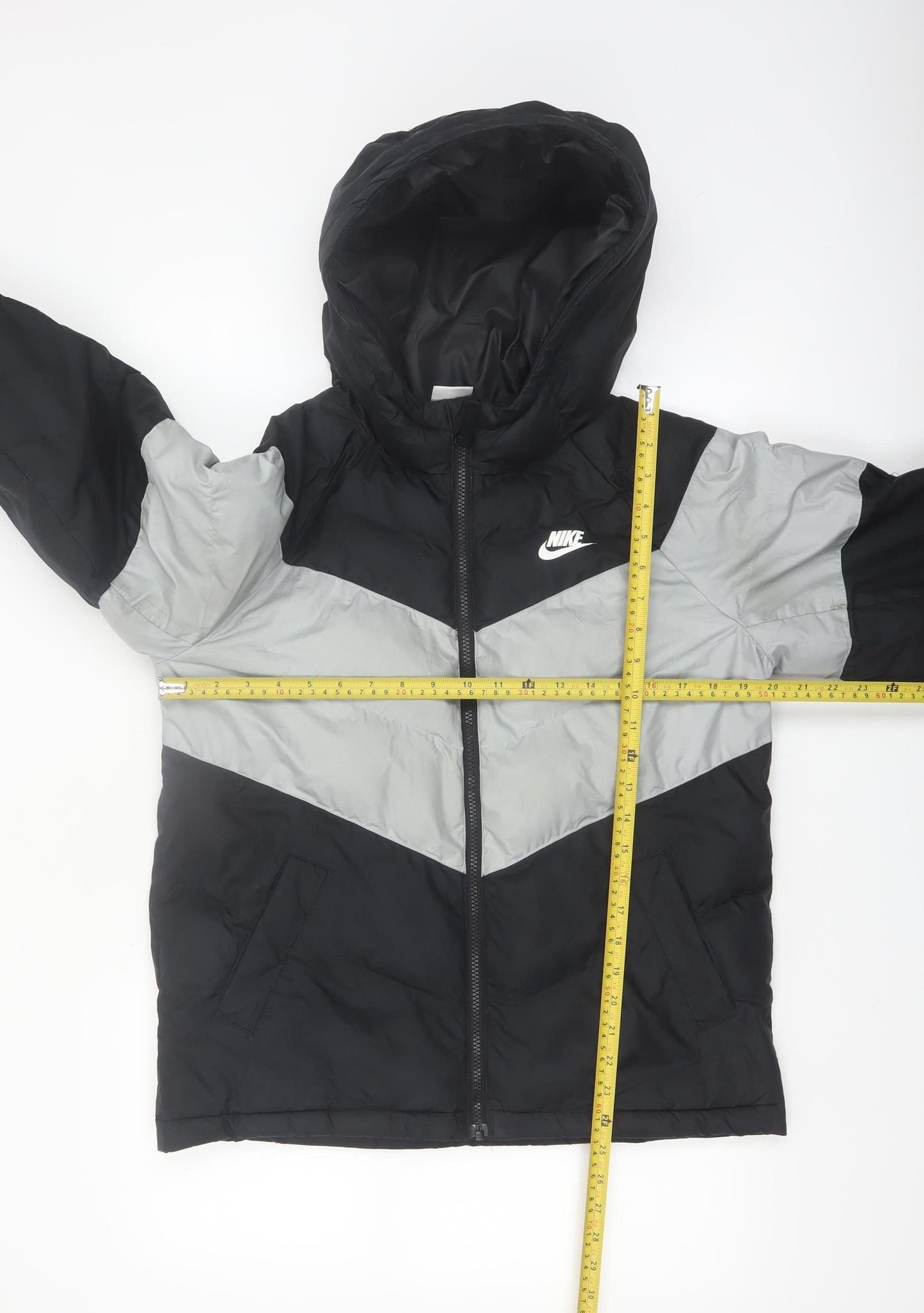 Nike Boys Black Grey Hooded Puffer Jacket XL 158cm Winter Full Zip Coat