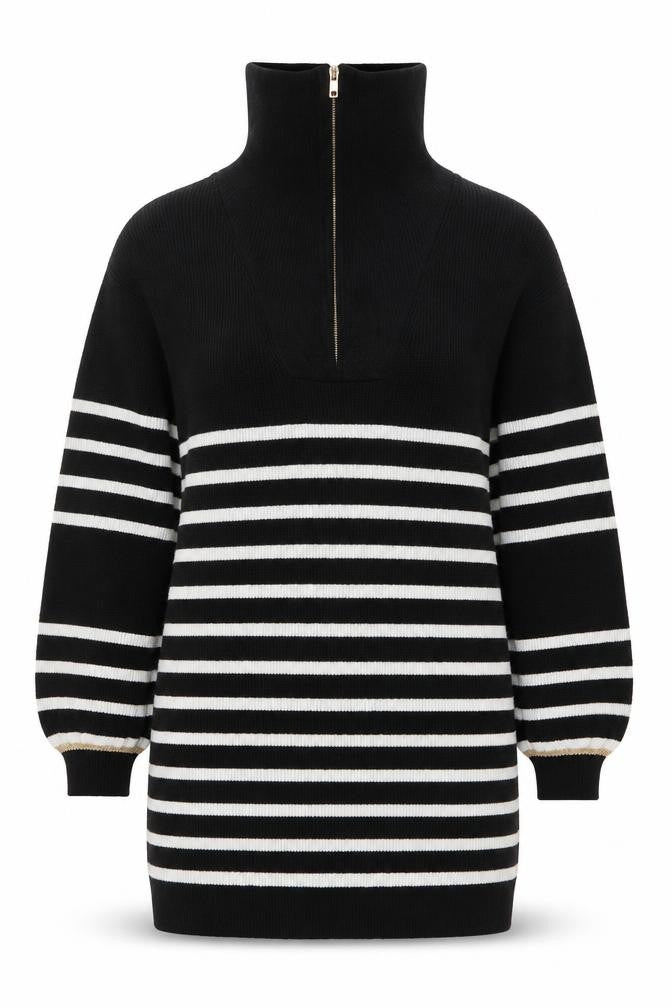 Oliver Bonas Women’s Black Striped Half Zip High Neck Jumper Size 10