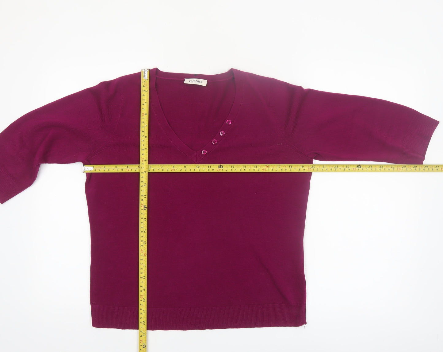 BHS Women’s Petite Hot Pink V-Neck 3/4 Sleeve Acrylic Jumper Size 16