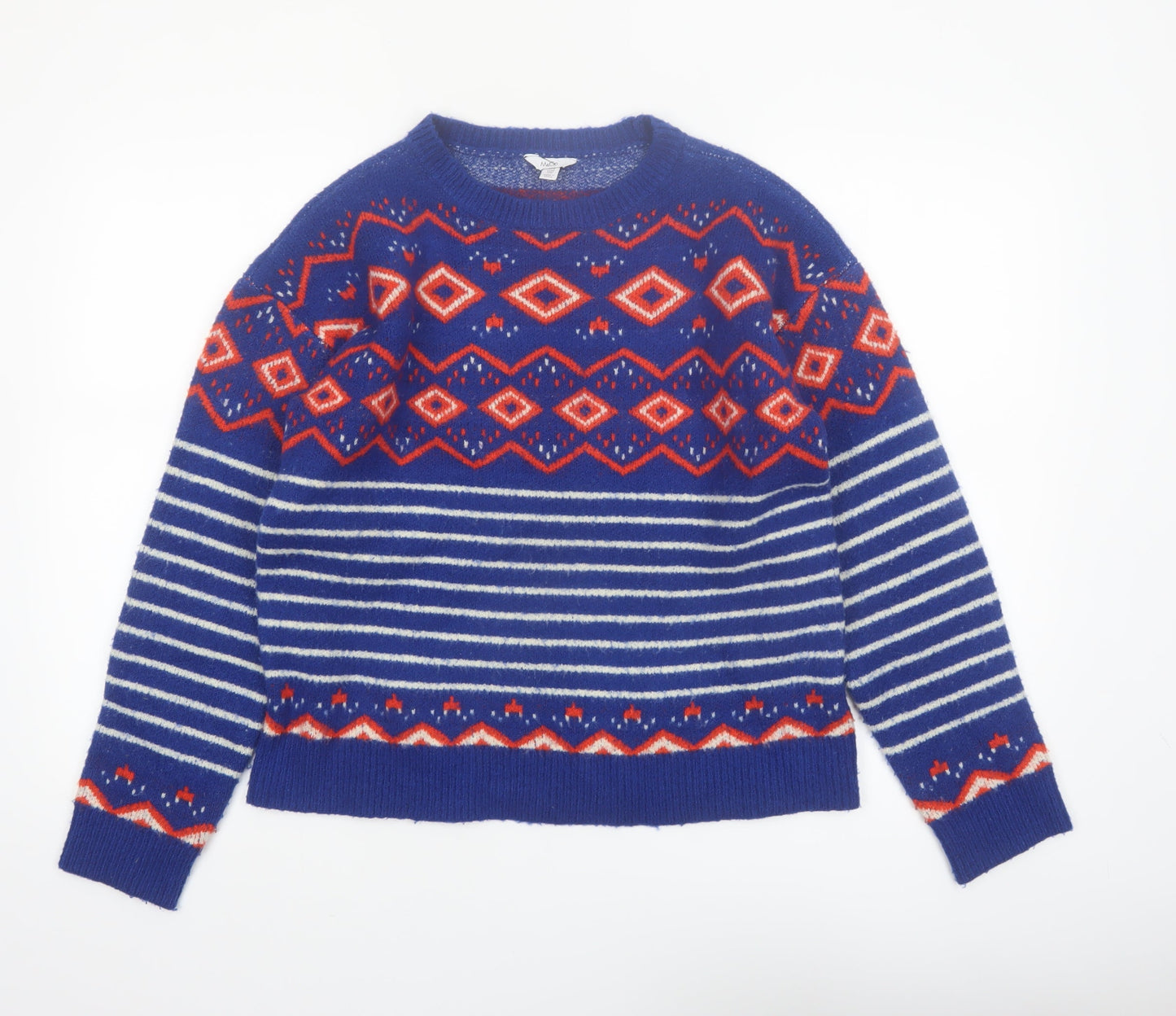 M&Co Women Blue Geometric Striped Crew Neck Jumper Size 12