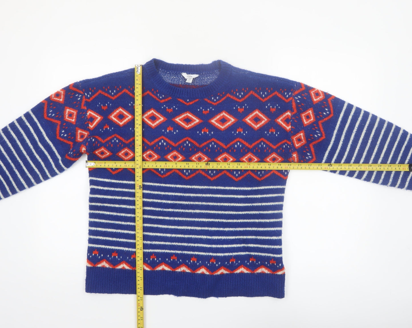 M&Co Women Blue Geometric Striped Crew Neck Jumper Size 12