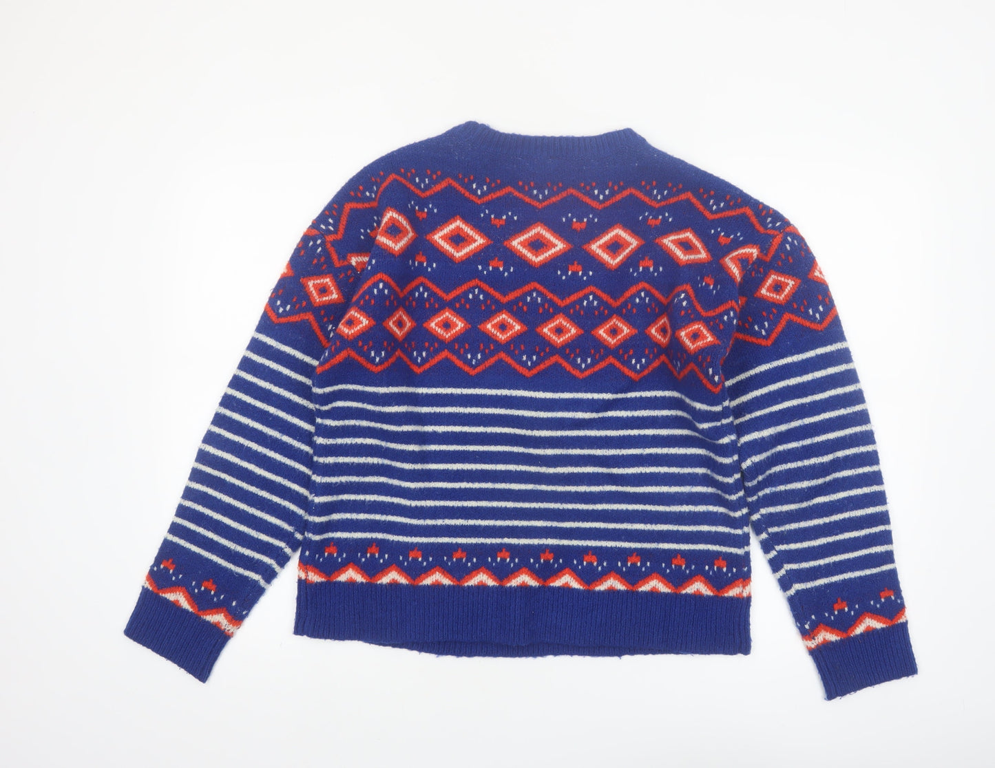 M&Co Women Blue Geometric Striped Crew Neck Jumper Size 12