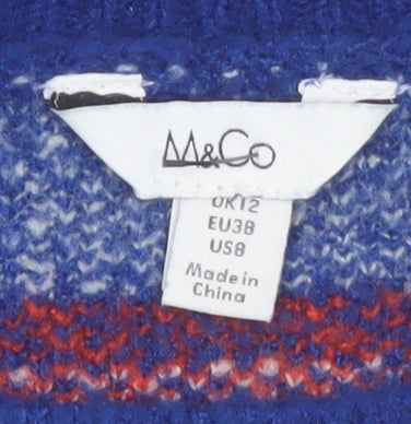 M&Co Women Blue Geometric Striped Crew Neck Jumper Size 12