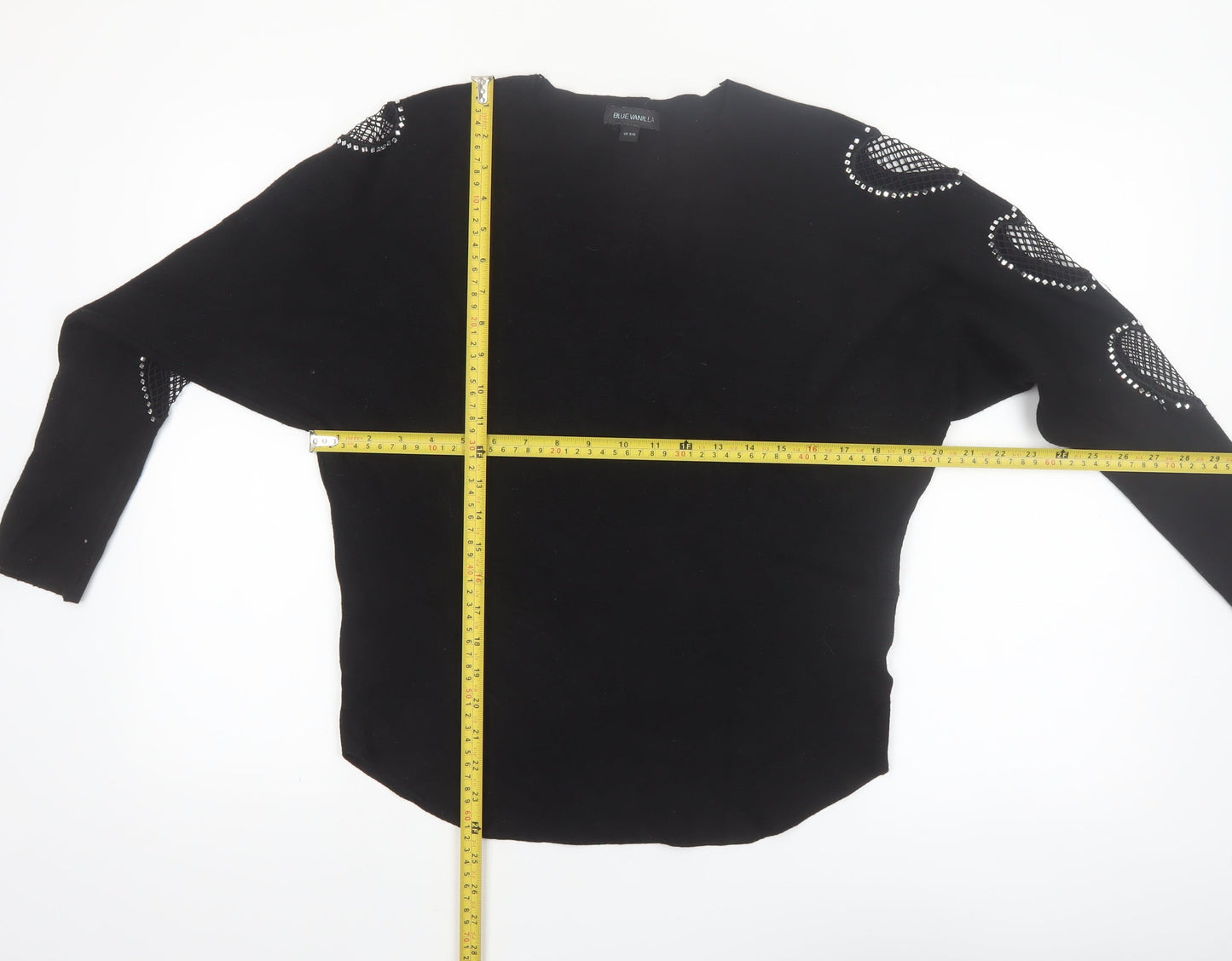 Blue Vanilla Women's Black Studded Mesh Sleeve Knit Jumper S