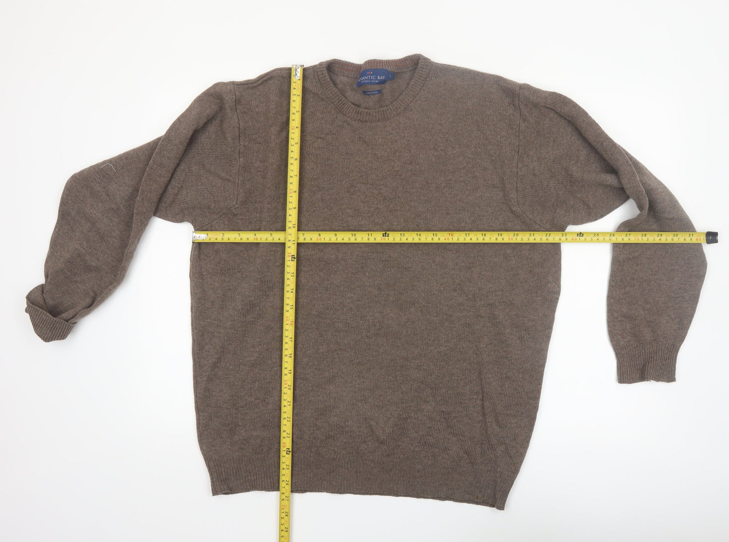 Atlantic Bay Men's Brown Lambswool Crew Neck Jumper Size L