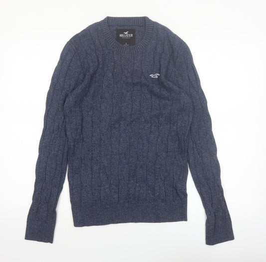 Hollister Men's Blue Cable-Knit Crew Neck Jumper Size S