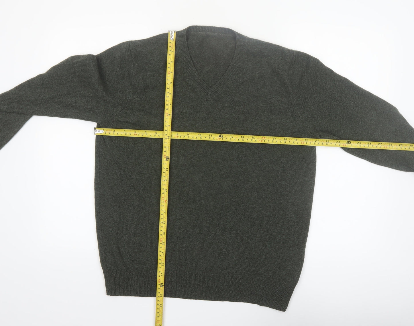Marks and Spencer Men's Green Wool V-Neck Jumper XL