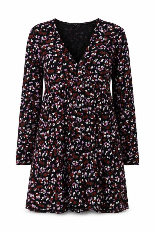 Wednesday’s Girl Womens Black Floral V-Neck Long Sleeve Skater Dress XS