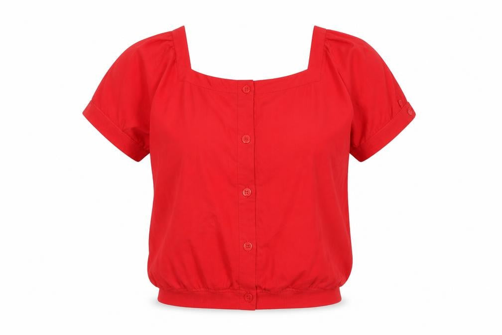 MEMO Red Women's Short Sleeve Cotton Button-Up Top S