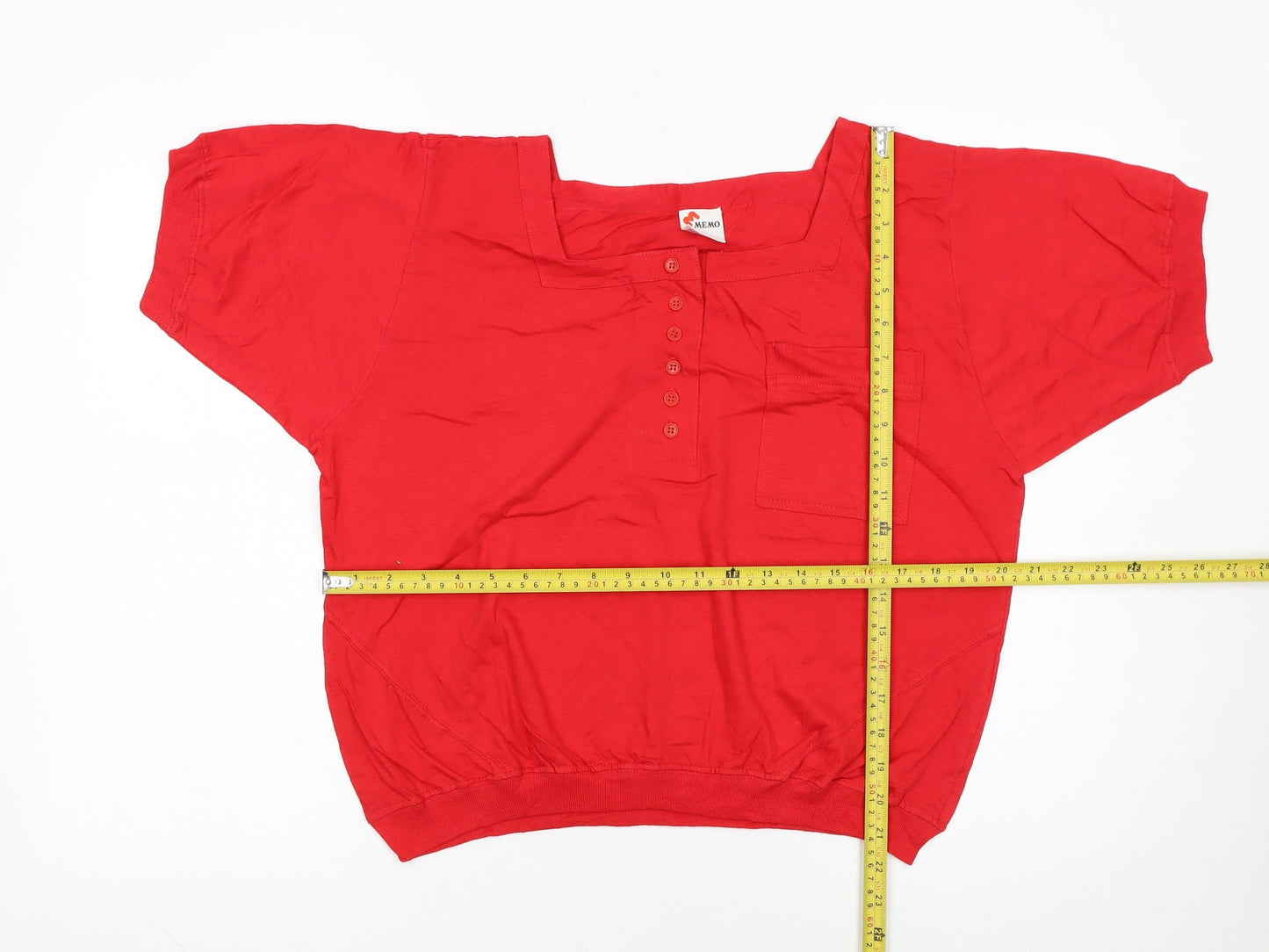 MEMO Red Women's Short Sleeve Cotton Button-Up Top S