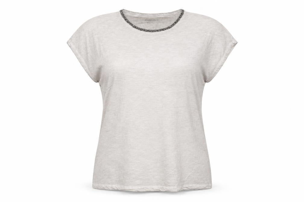 Hauber Women Beige Beaded Crew Neck Basic Cotton T-Shirt Size S