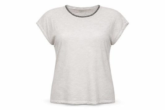 Hauber Women Beige Beaded Crew Neck Basic Cotton T-Shirt Size S