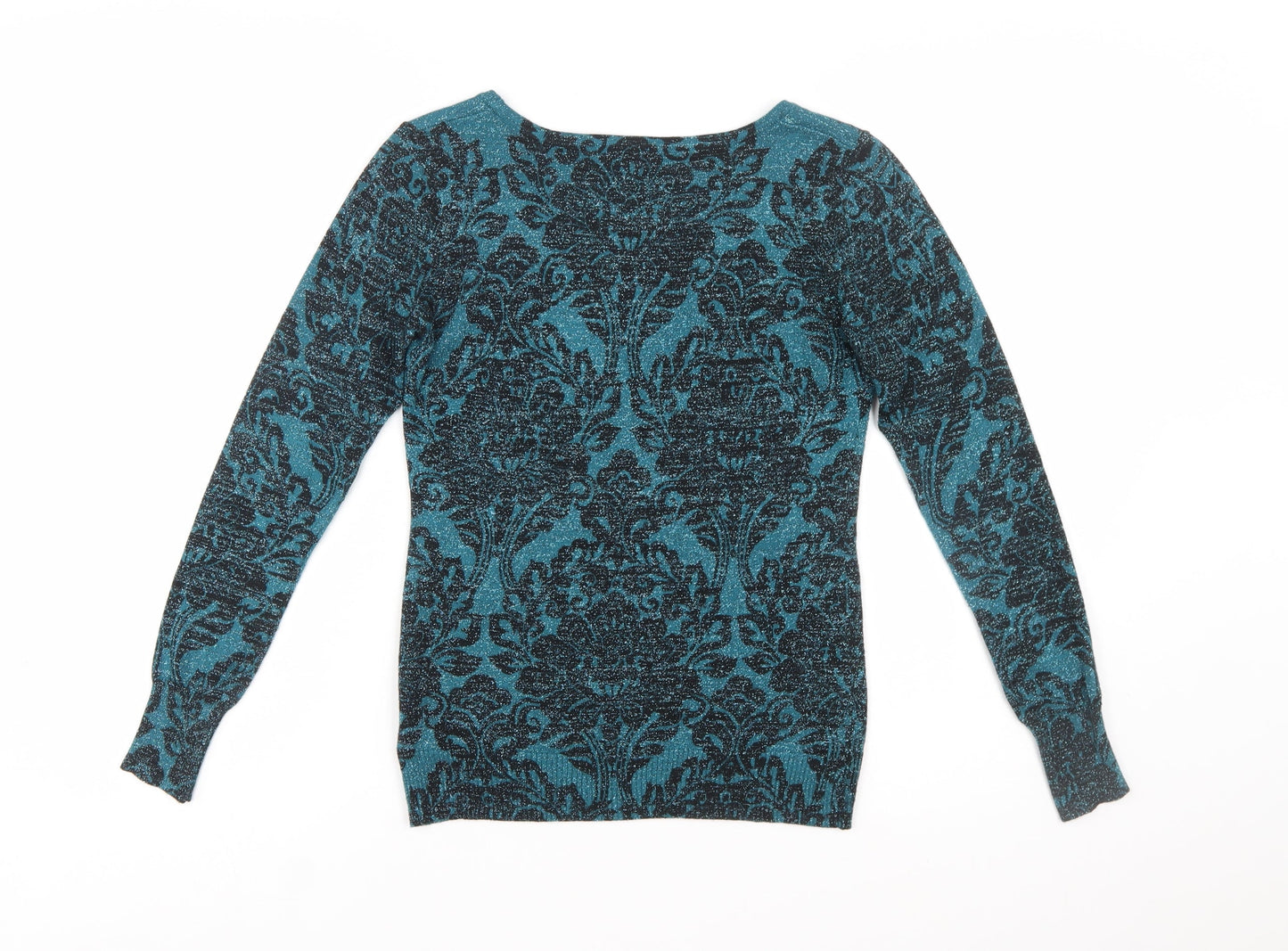 M&Co Women’s Blue Floral Glitter Knit Jumper Size 10 Slim Fit