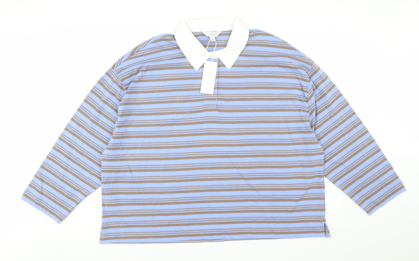 Marks and Spencer Women Blue Striped Long Sleeve Cotton Polo Shirt Size 22