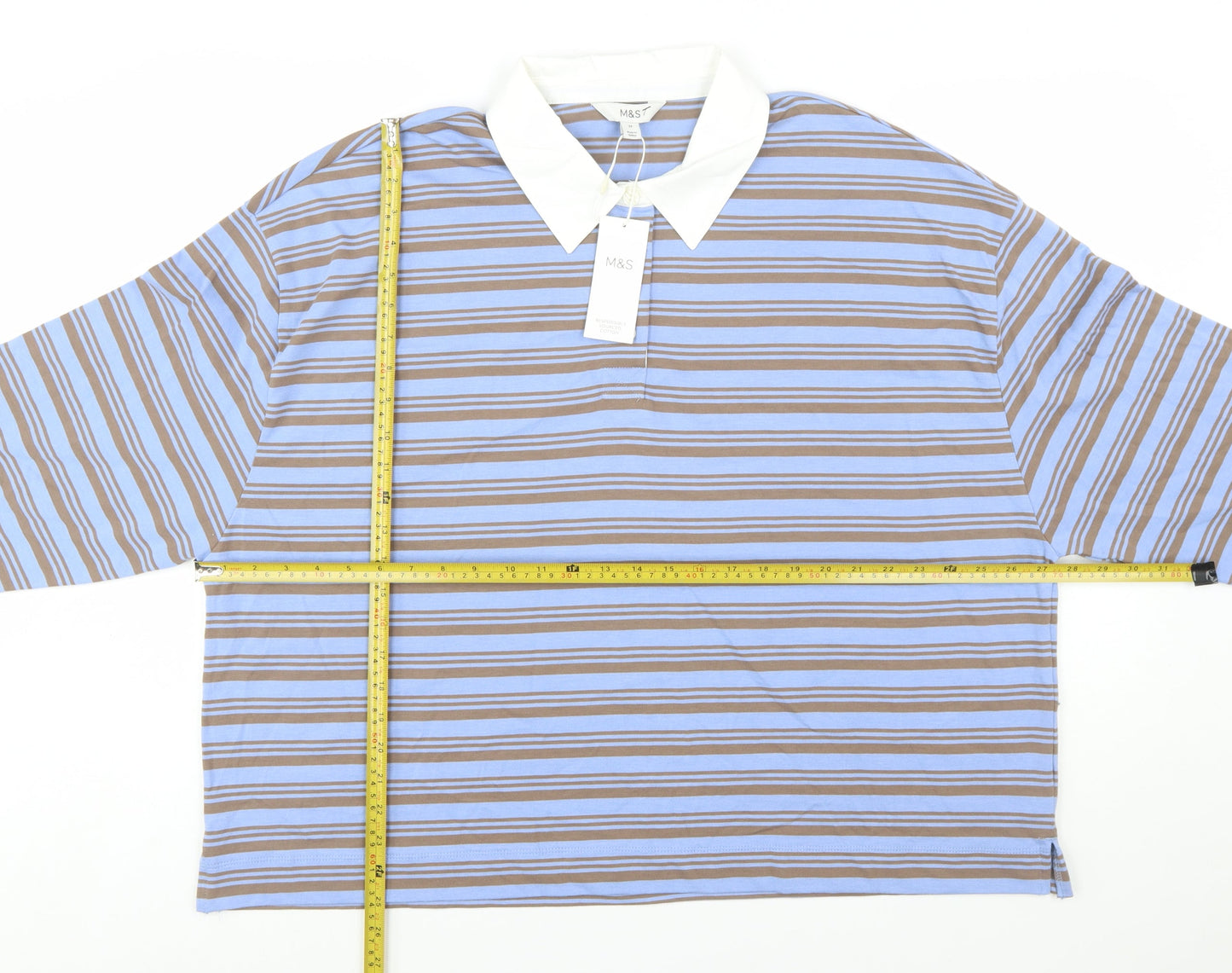 Marks and Spencer Women Blue Striped Long Sleeve Cotton Polo Shirt Size 22