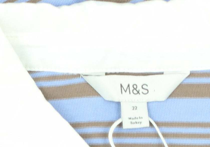 Marks and Spencer Women Blue Striped Long Sleeve Cotton Polo Shirt Size 22