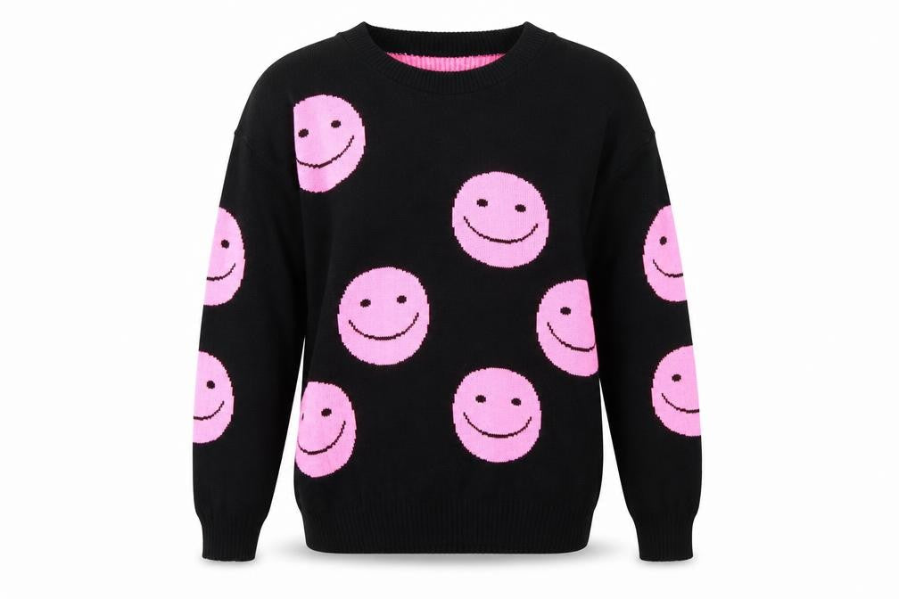 Lyza Fashion Women's Black Pink Smiley Pullover Jumper Size S