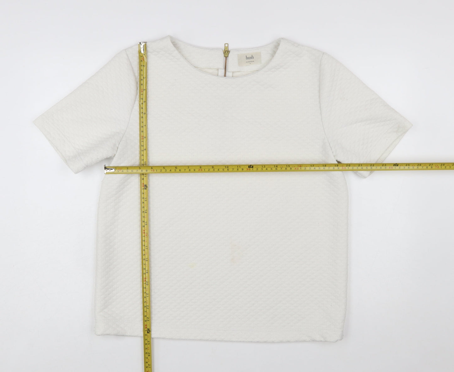 Hush Women Ivory Textured Zip Back Short Sleeve Blouse Size 14