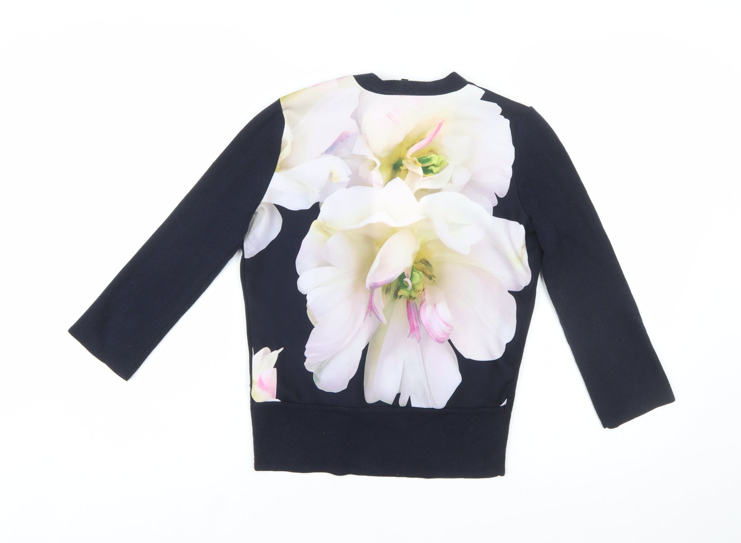 Ted Baker Womens Navy Floral Back Open Cardigan Size S Cotton Silk Blend