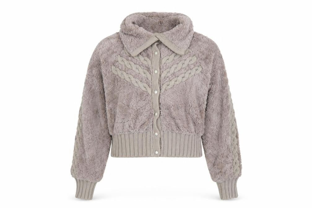 SKY Designs Women Beige Faux Fur Knit Cardigan Size S Collared