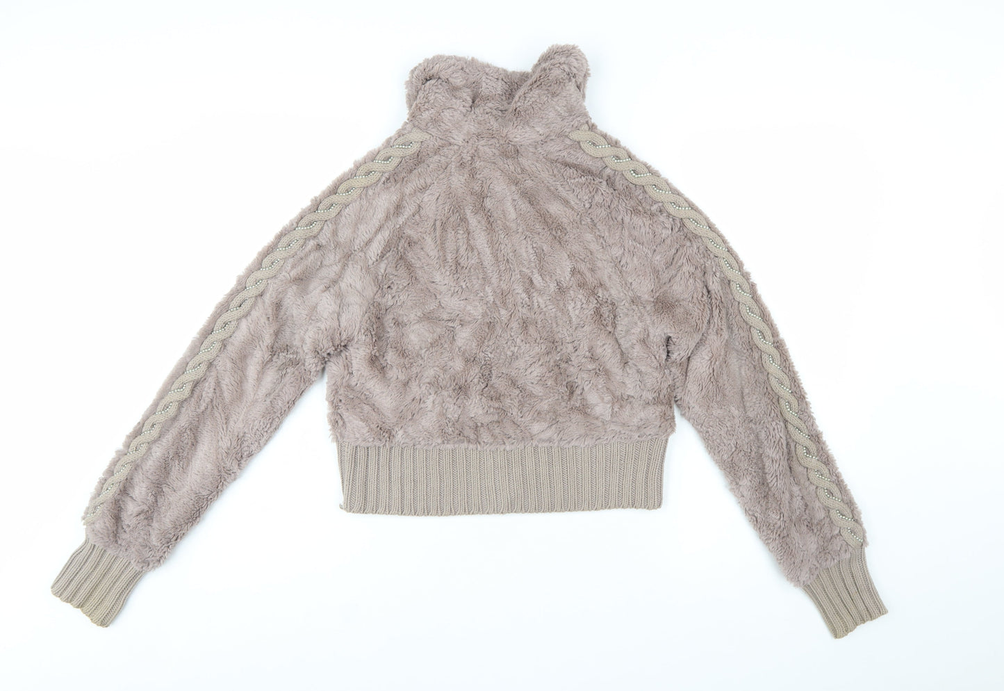 SKY Designs Women Beige Faux Fur Knit Cardigan Size S Collared