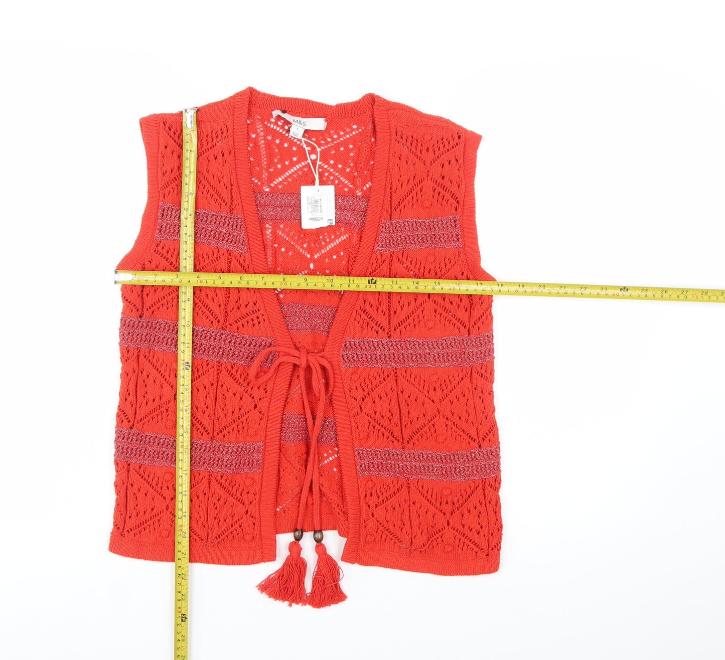 Marks and Spencer Women's Red Sleeveless Open-Knit Cardigan Vest S