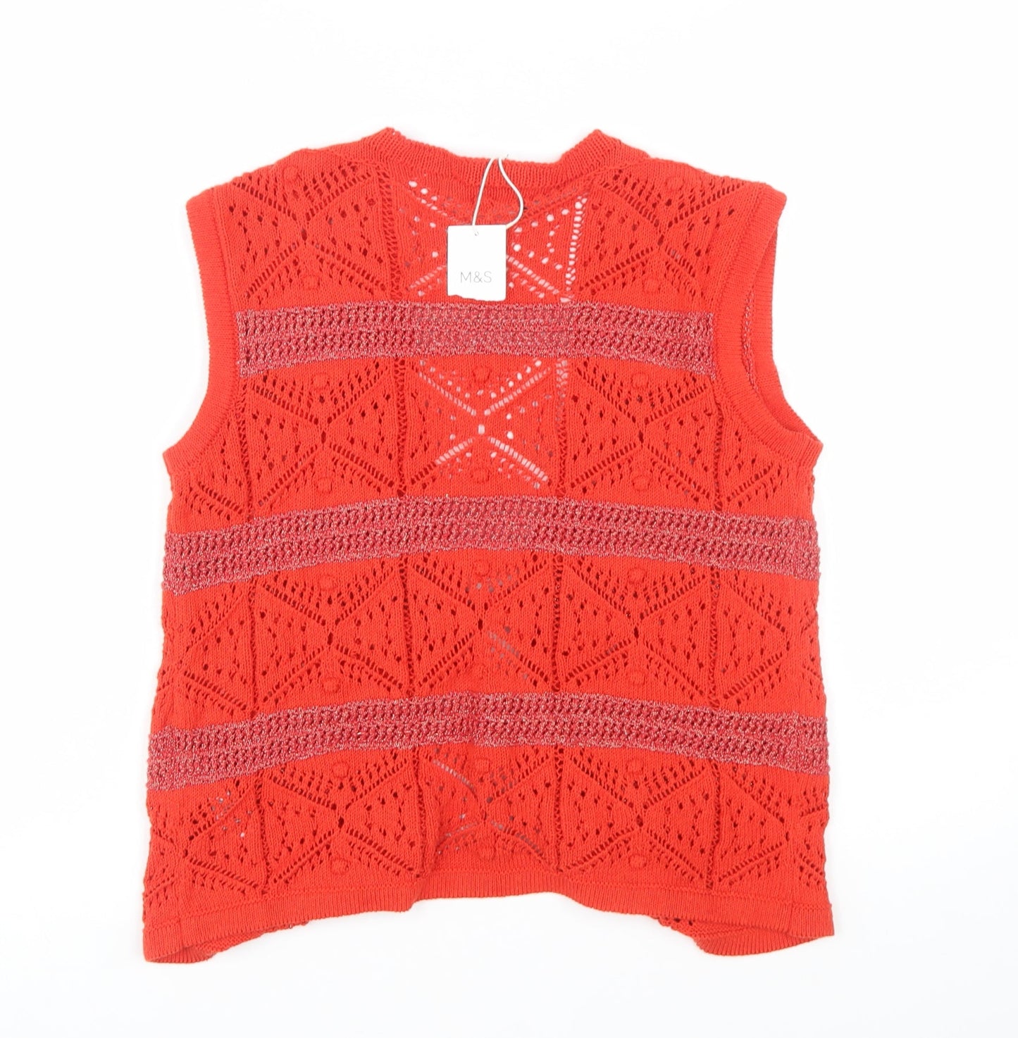Marks and Spencer Women's Red Sleeveless Open-Knit Cardigan Vest S