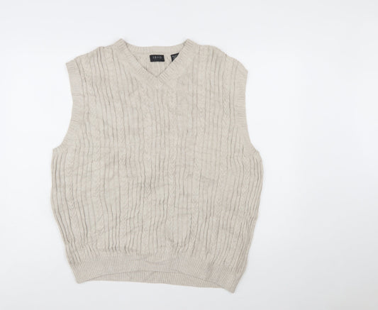 IZOD Men’s Beige Cotton Cable Knit Golf Vest L V-Neck Jumper