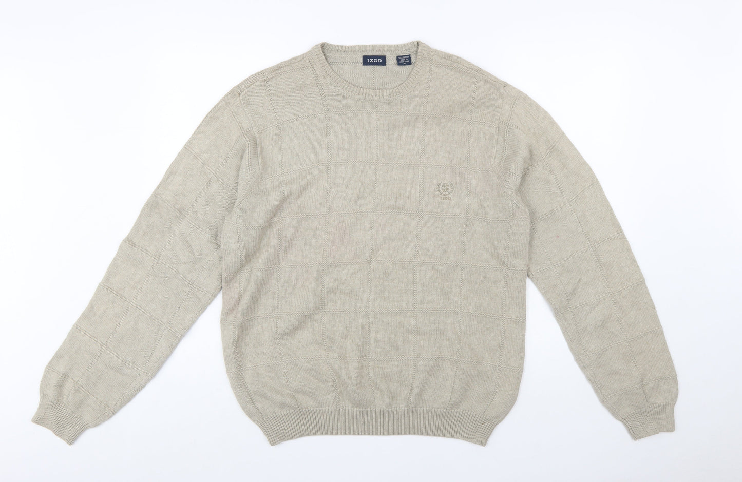 IZOD Men Beige Cotton Check Knit Crew Neck Pullover Jumper M