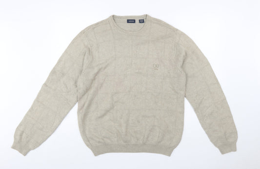 IZOD Men Beige Cotton Check Knit Crew Neck Pullover Jumper M
