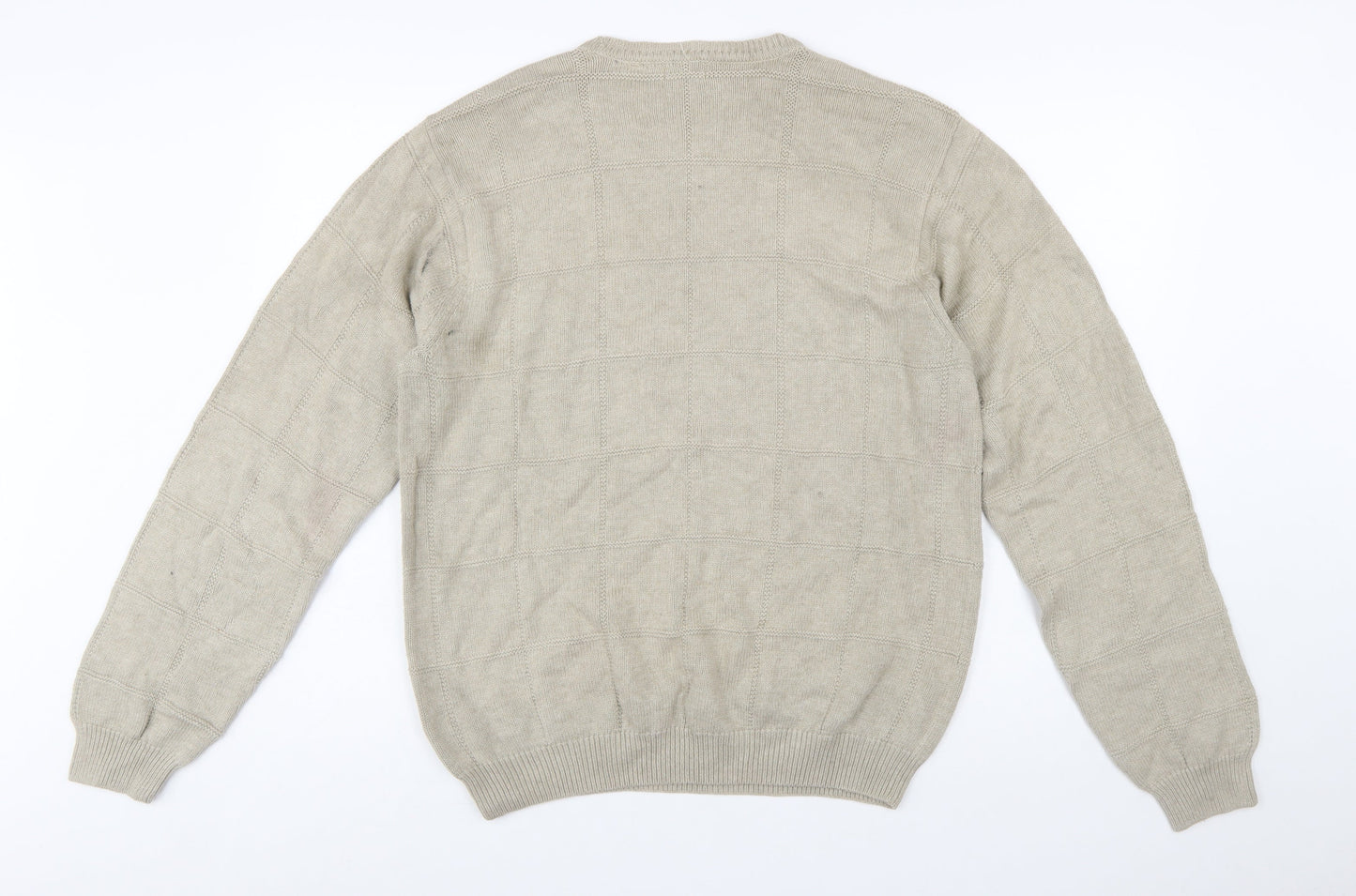 IZOD Men Beige Cotton Check Knit Crew Neck Pullover Jumper M