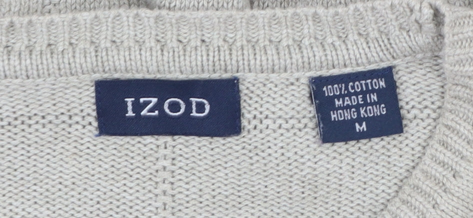 IZOD Men Beige Cotton Check Knit Crew Neck Pullover Jumper M