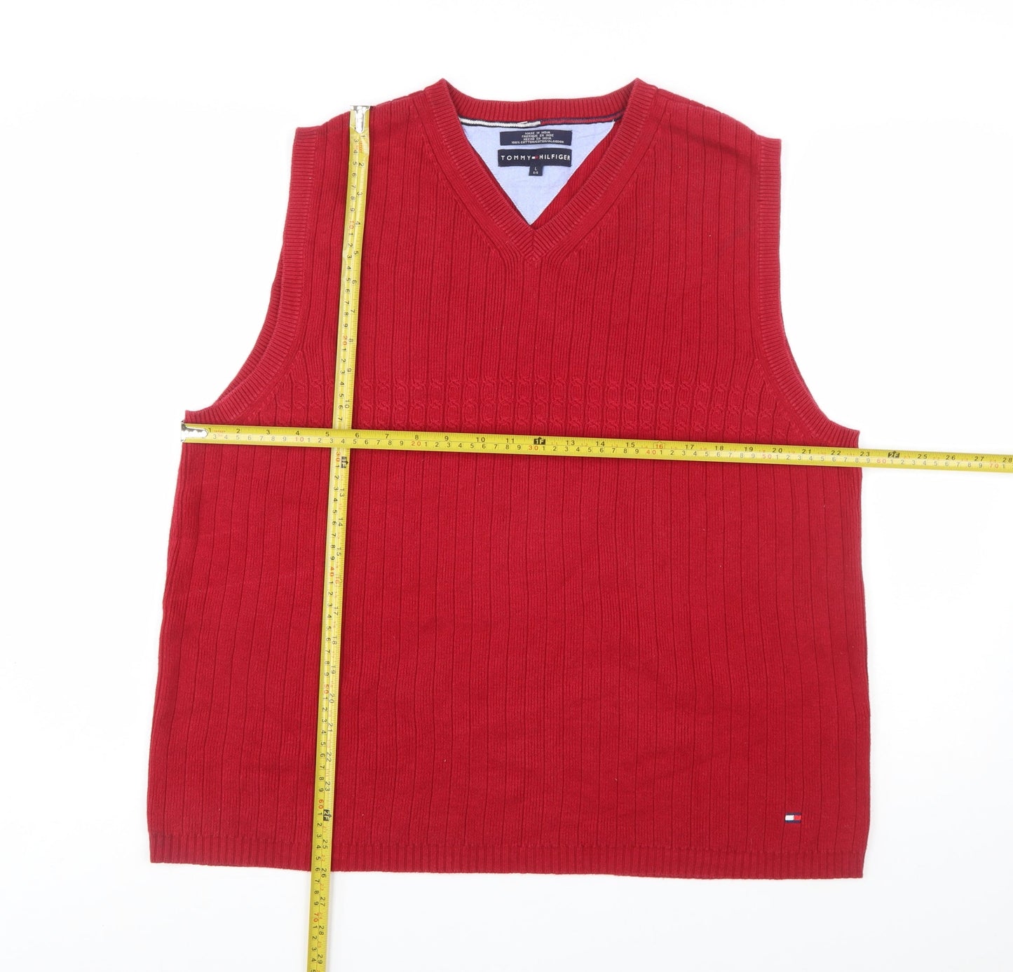 Tommy Hilfiger Men's Red Cotton V-Neck Vest Size L Classic Knit