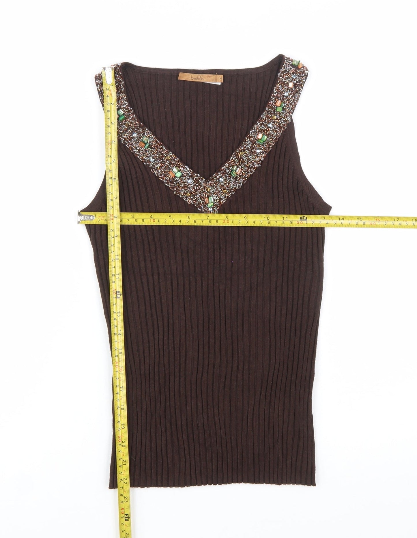 Belldini Women's Brown Beaded V-Neck Sleeveless Knit Tank Top Size M
