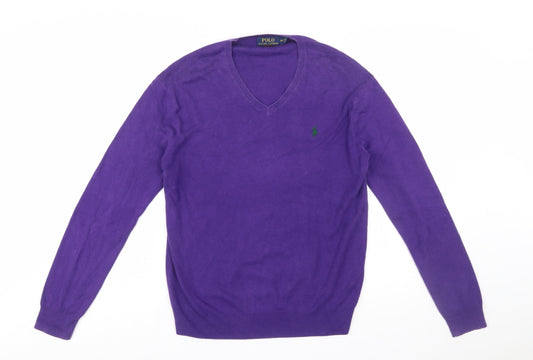 Ralph Lauren Men's Purple V-Neck Cotton Jumper Size S