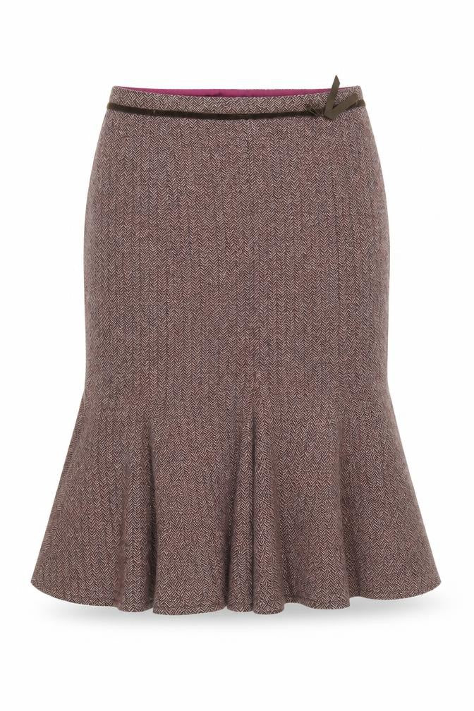 Italian Fabric Women Brown Wool Tweed Trumpet Skirt Size 12
