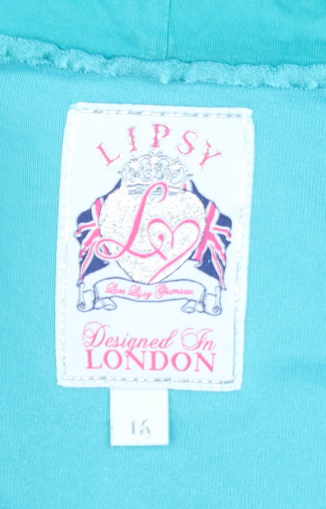 Lipsy Women’s Turquoise Velour Full Zip Hoodie Size 16 Rhinestone Logo