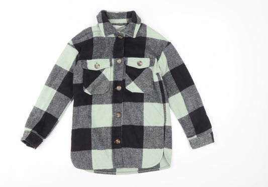 H&M Girls Green Checked Button-Up Long Sleeve Fleece Shirt 9-10 Years