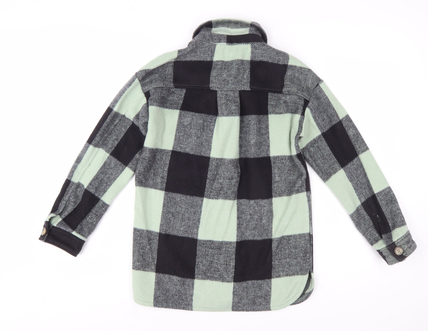 H&M Girls Green Checked Button-Up Long Sleeve Fleece Shirt 9-10 Years