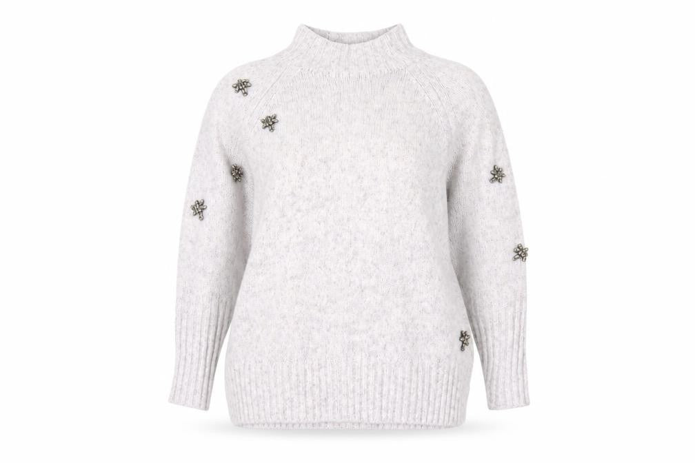 Mint Velvet Women Ivory Beaded Mock Neck Chunky Knit Jumper L