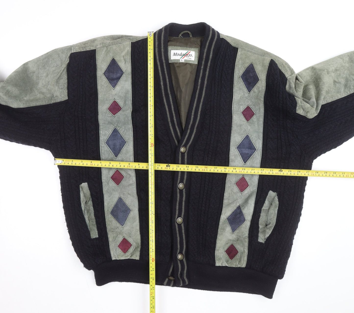 Modango Men’s Multicoloured Argyle Bomber Jacket L Wool Leather Mix