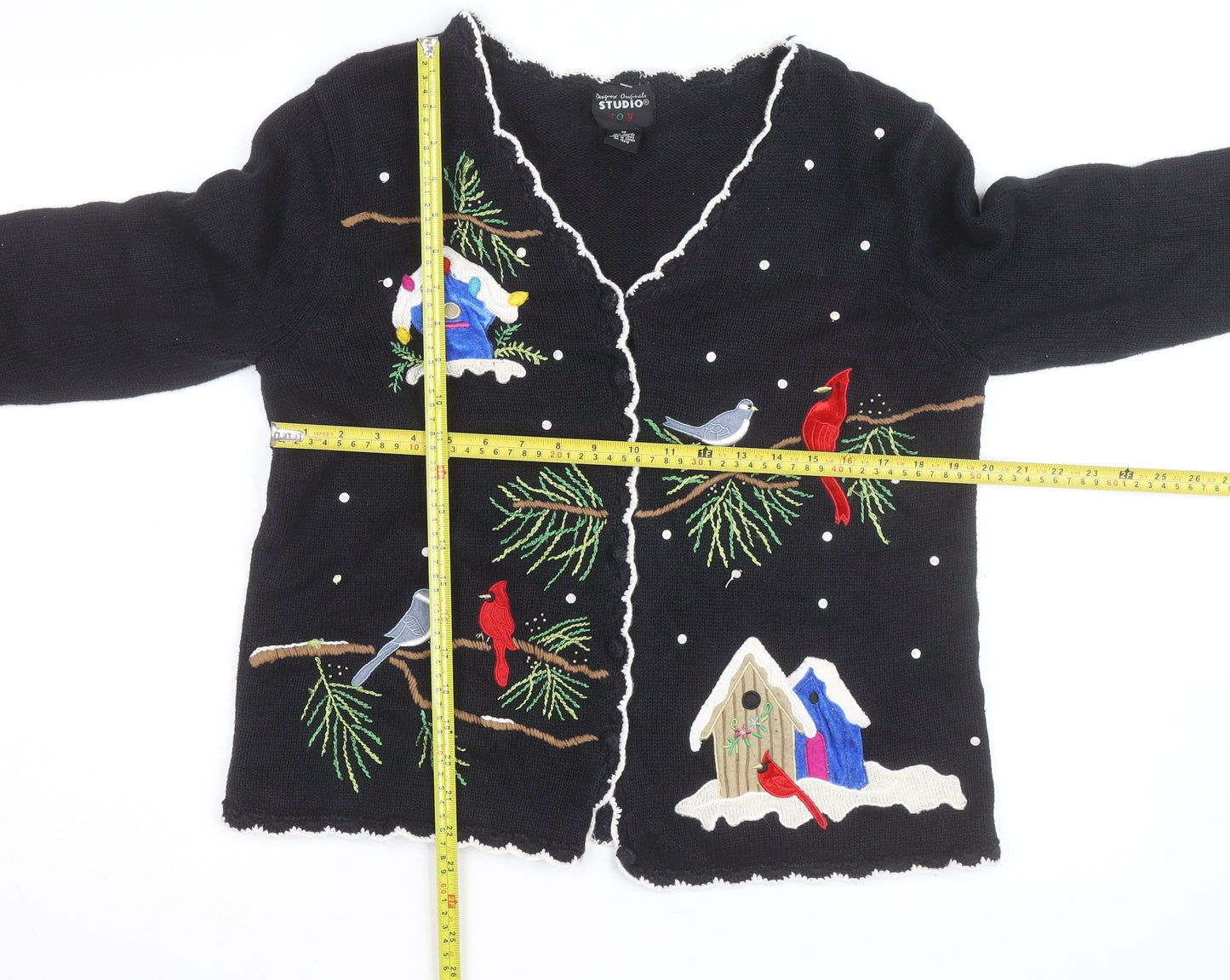 Designers Originals Studio Black Christmas Embroidered Cardigan Women's M