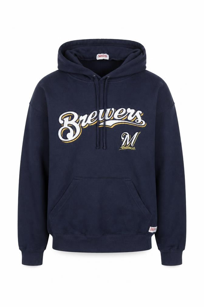 Stitches Mens Blue Pullover Hoodie Medium Embroidered Brewers Logo