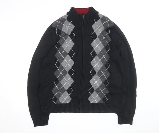 Van Heusen Men's Black Argyle Full Zip Cotton Jumper L
